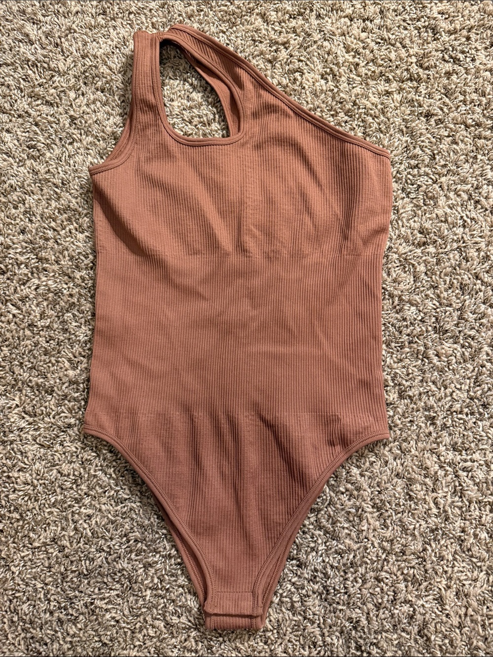 Asymmetric Ribbed Bodysuit in Rust Brown